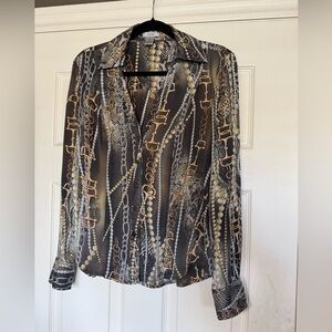 Vintage Cache Horse Bit Pattern Silk Snap Button Blouse